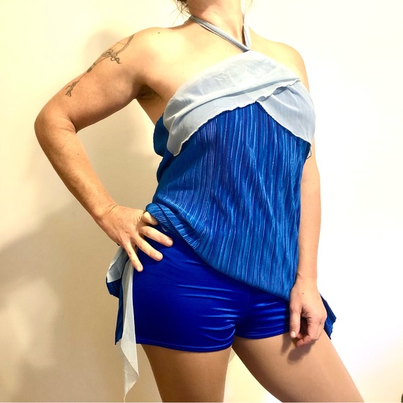 Blue shimmer dance costume with boy shorts - Picture 3 of 6